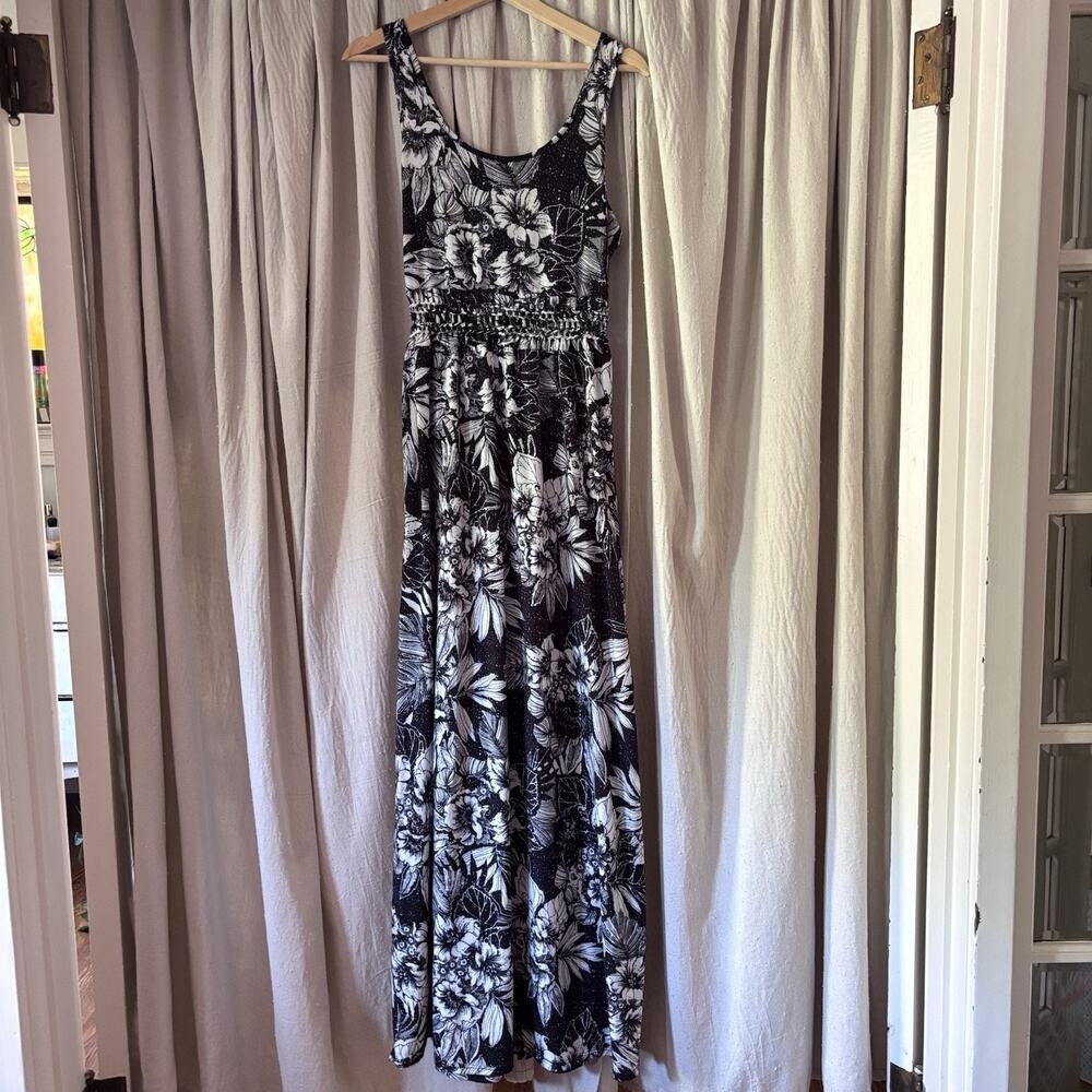 Mudd Black White Floral Print‎ Maxi Dress Smocked Waist Size M